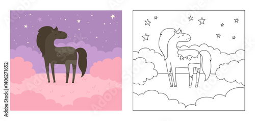Horse on romantic meadow cartoon coloring book for kids. Dreamy fantasy mare horse vector illustration. Comic stallion. Hand drawn funny flat character design for Valentine's Day card, poster cover