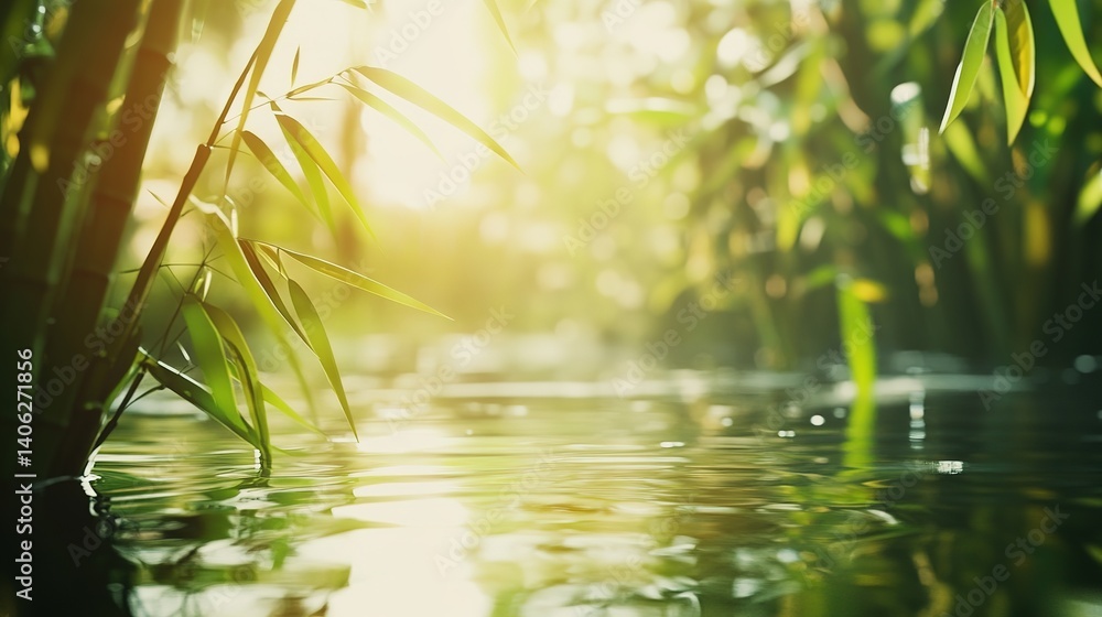 Naklejka premium Fresh Green Bamboo Plants Standing in Calm Water with Sunlight Filtering Through Leaves. Tranquil Scene Evoking Serenity and Peace for Nature Lovers and Eco-Tourism.