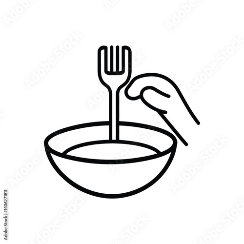 Minimalist Black Line Art of Hand Holding Fork Over Bowl with Transparent Background