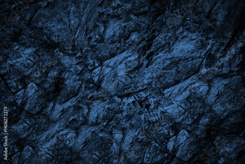 Black dark navy deep blue rock texture. Toned stone granite background for design. Rough cracked mountain surface. Close-up. Crumbled. Fantasy fantastic.