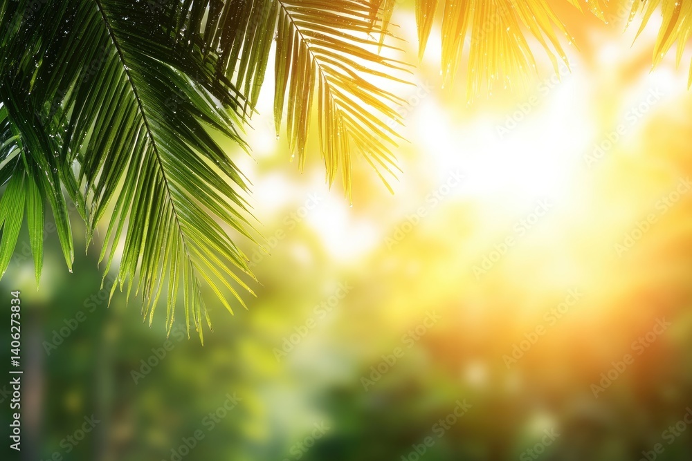 Fototapeta premium Palm trees with green fronds and sunny bokeh background summer tropical theme