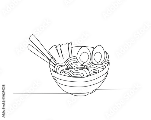 Noodles in the bowl outline drawing illustration. one continuous line drawing of ramen noodles with chopstick.