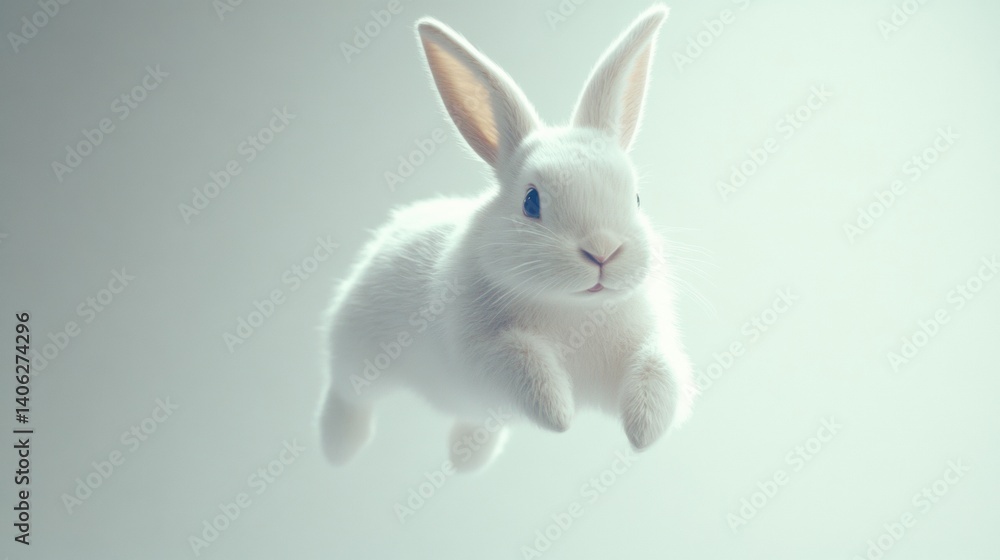 White bunny captured mid-jump with ears in the air against a clean background showcasing its playful nature and agility during a moment of joy