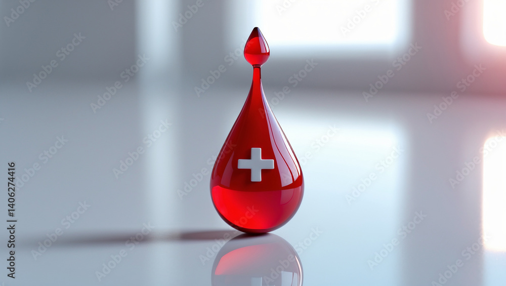 Obraz premium Red Blood Donation Droplet with White Cross on Reflective Surface – 4K Humanitarian Concept