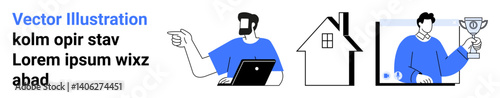 Man using laptop pointing direction, house as a real estate idea, individual presenting achievement trophy. Ideal for remote work, success, career growth, motivation, home office, work-life balance