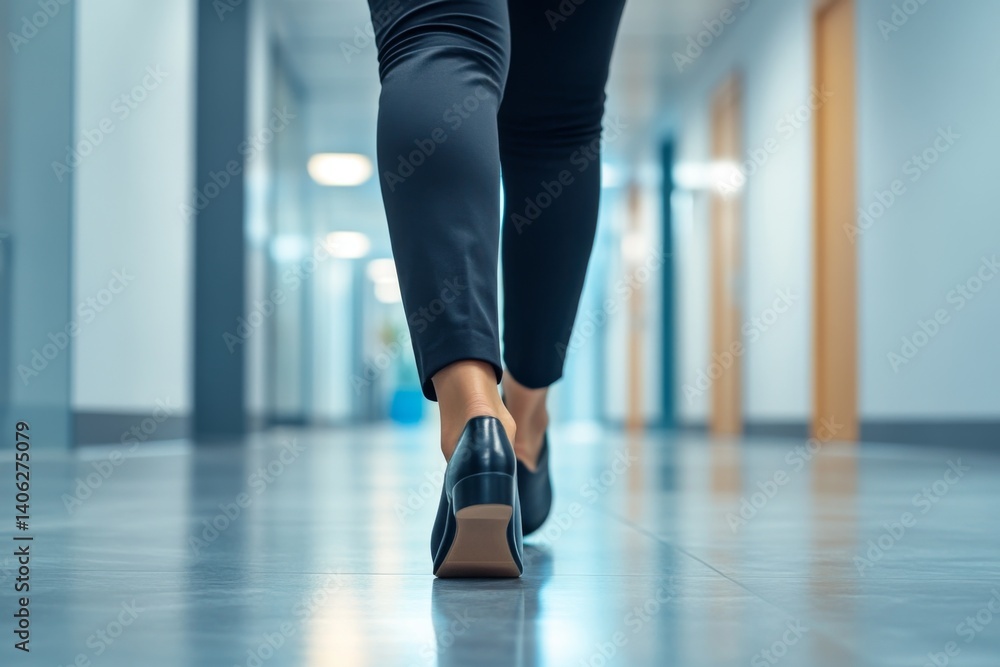 low angle close up of a businesswomen walking in the office hallway low angle close up of a businesswomen walking in the office hallway