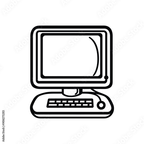 Oldfashioned Computer Icon with Keyboard and Mouse in Black Line Style Design