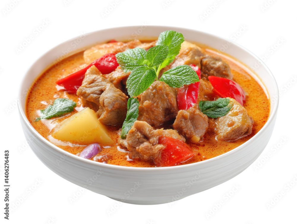 vibrant bowl of Massaman curry rich in color and flavor, garnished with fresh mint vibrant bowl of Massaman curry rich in color and flavor, garnished with fresh mint