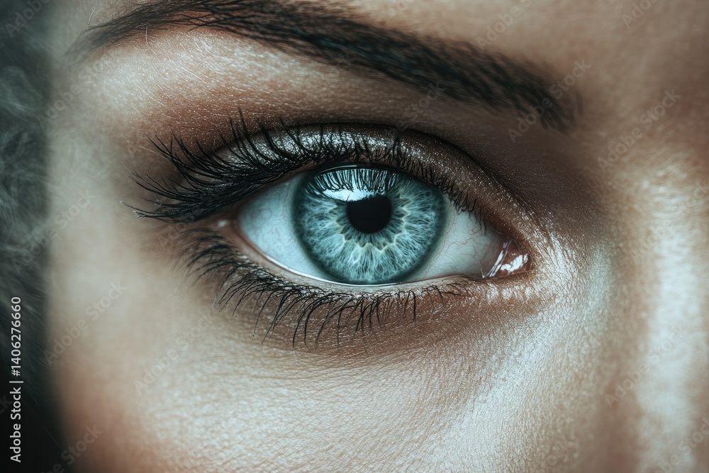 Obraz premium A close-up showcases a beautiful, bright blue human eye with delicate lashes and subtle skin texture
