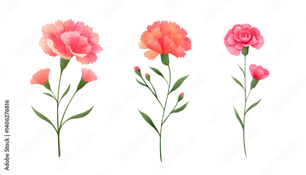 set of Watercolor cute carnation, isolated on a white set of Watercolor cute carnation, isolated on a white