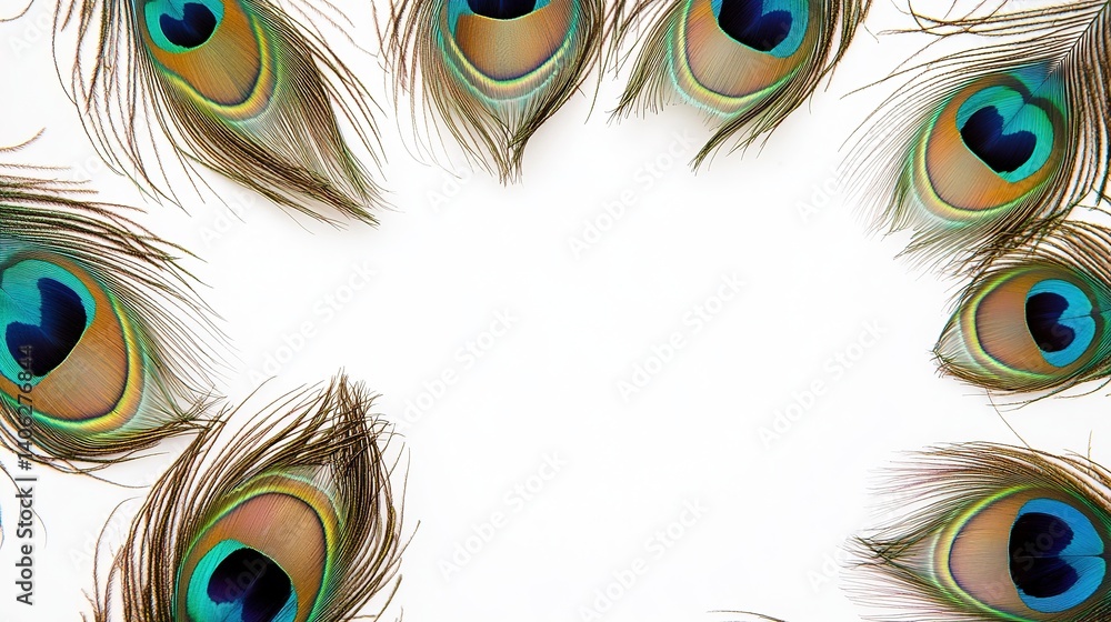 Obraz premium Peacock Feathers Creating a Frame Against White Backdrop. Vibrant Iridescent Plumage for Creative Designs and Fashion.