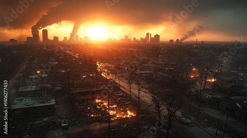 Cityscape on fire with smoke plumes during golden hour. Aftermath of destruction and ruin, chaos