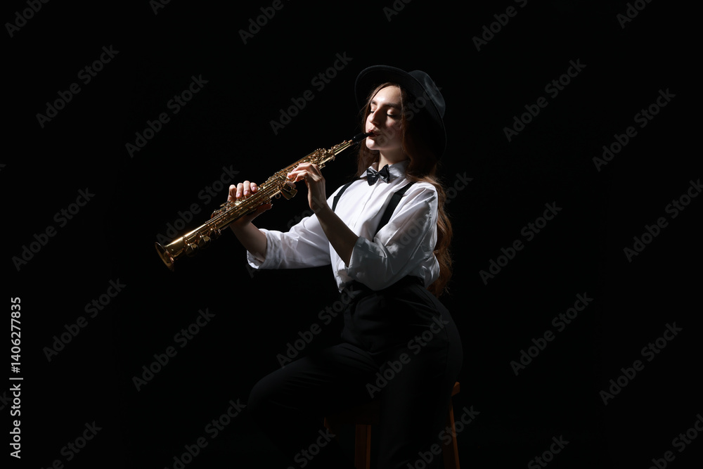 Naklejka premium Musician playing soprano saxophone on dark background