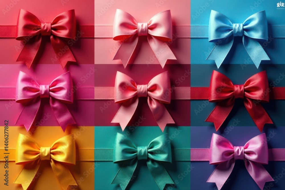 Bows and ribbons of various colors displayed, Display, Party Supplies Bows and ribbons of various colors displayed, Display, Party Supplies