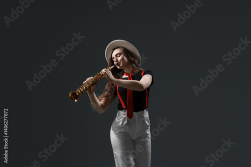 Musician playing soprano saxophone on grey background