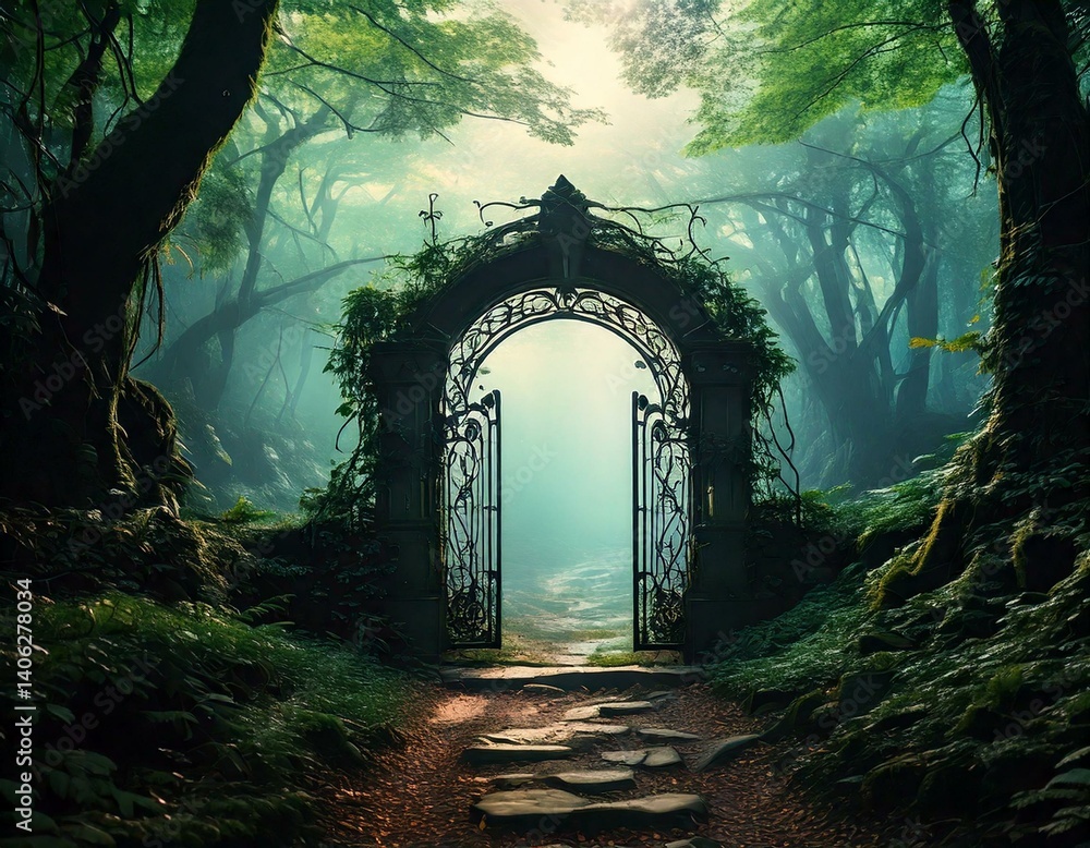 Obraz premium magical gate in a mysterious forest with fog