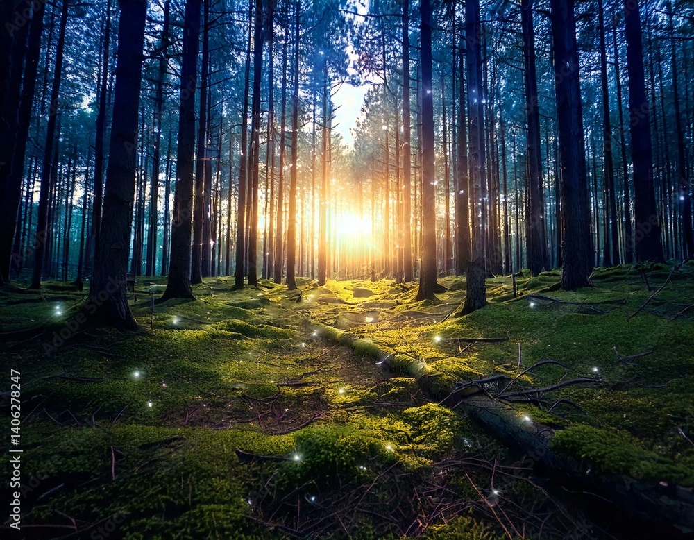 Fototapeta premium magical lights sparkling in mysterious forest at night 