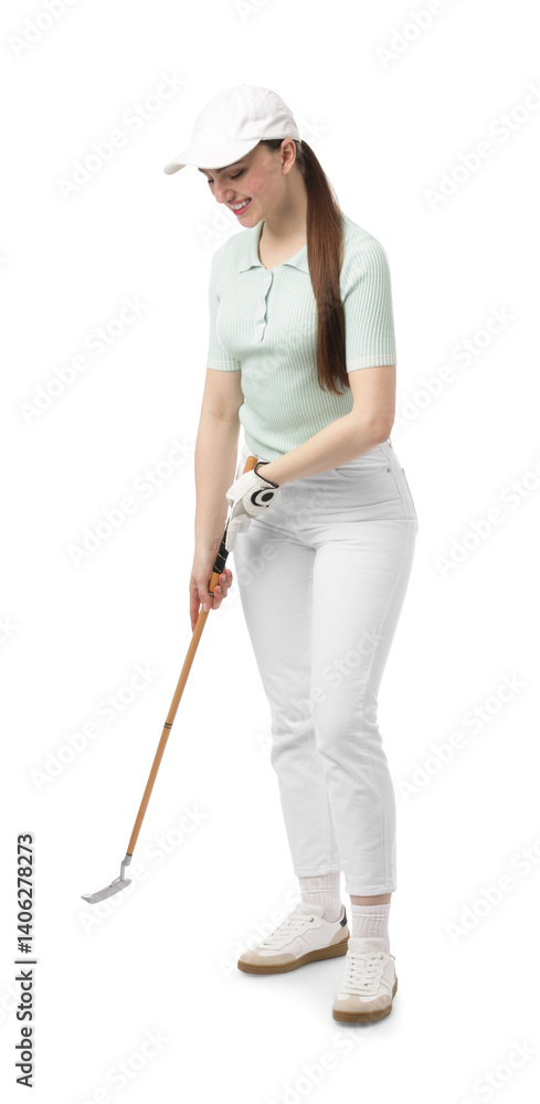 Woman with golf club on white background Woman with golf club on white background