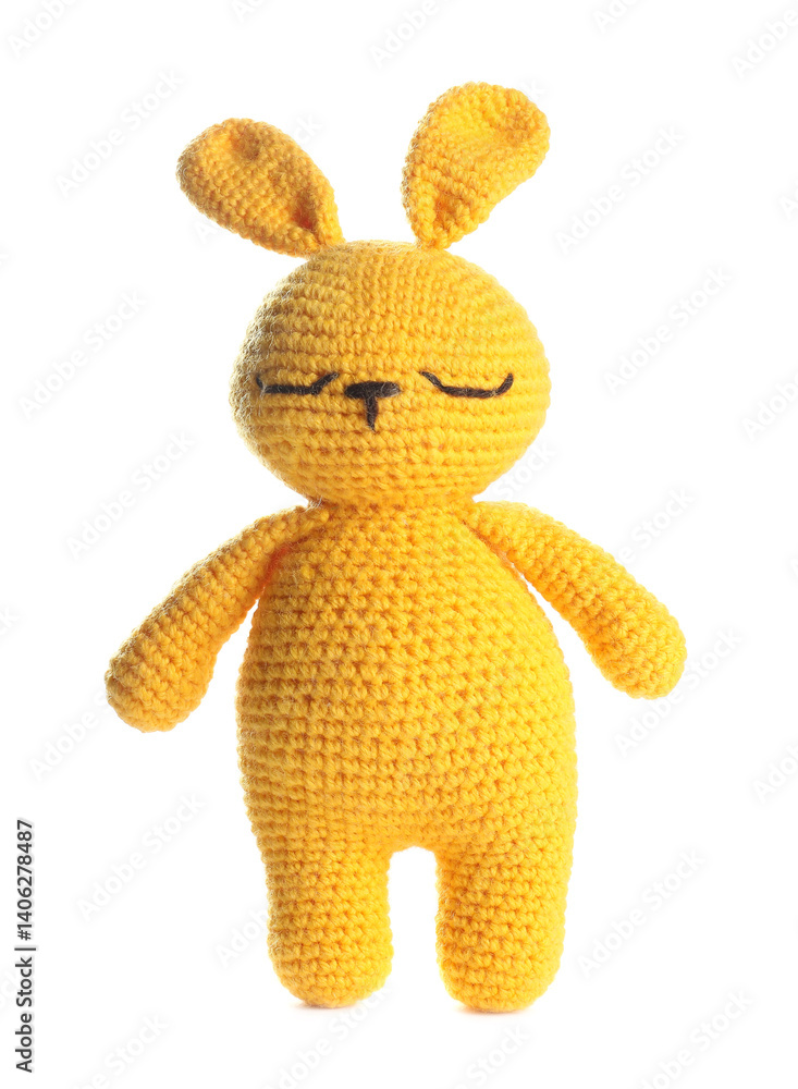 Cute knitted toy bunny isolated on white
