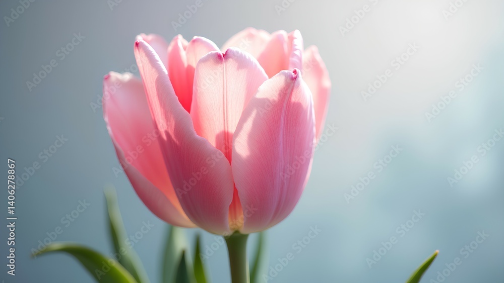 Fototapeta premium A delicate pink tulip blooms against a soft, blurred background, showcasing its smooth petals and green leaves, embodying the beauty of nature.