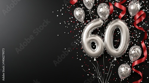  Silver Balloons Forming Number 60 Against Black Background with Festive Red and Silver Confetti. Ideal for Birthday or Anniversary Party Invitations and Cards.