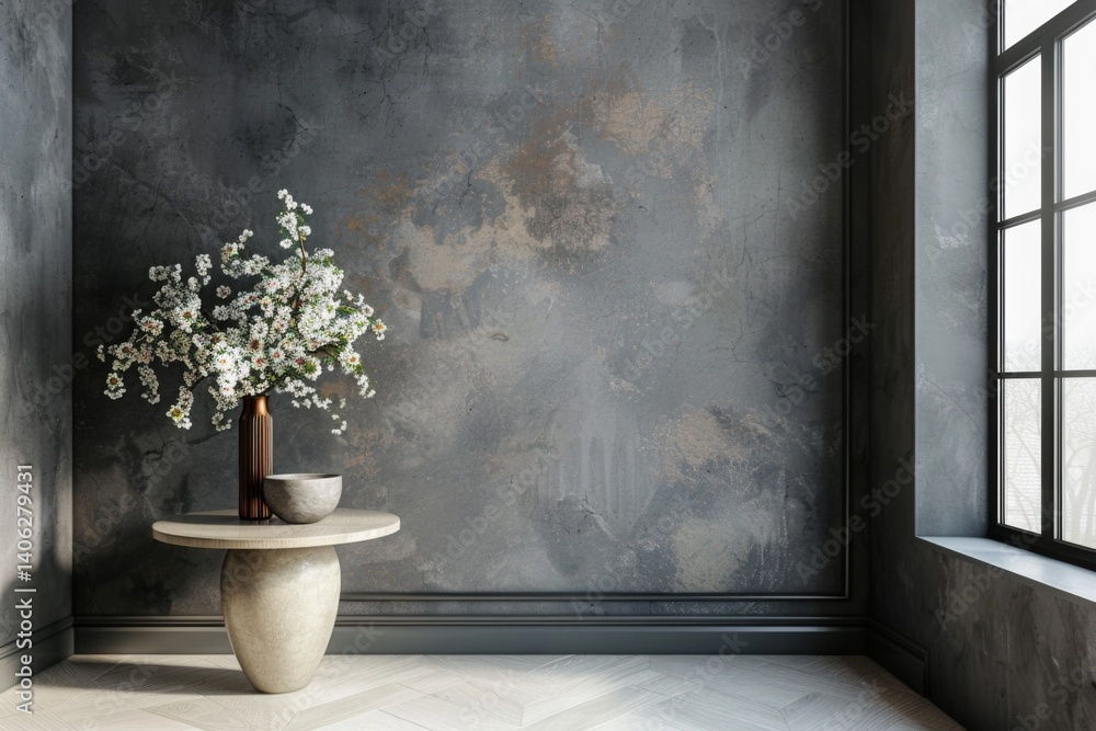 Modern interior design, in a spacious room, next to a table with flowers against a gray wall Modern interior design, in a spacious room, next to a table with flowers against a gray wall
