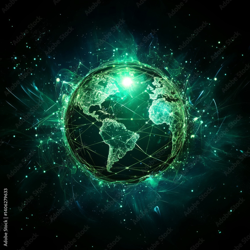 Stunning Digital Representation of Earth Surrounded by Light Particles and Network Connections, Illustrating Global Connectivity and Technological Advancement in a Dark Background Stunning Digital Representation of Earth Surrounded by Light Particles and Network Connections, Illustrating Global Connectivity and Technological Advancement in a Dark Background