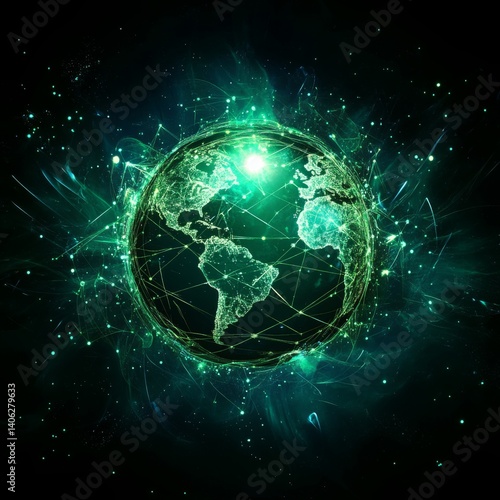 Stunning Digital Representation of Earth Surrounded by Light Particles and Network Connections, Illustrating Global Connectivity and Technological Advancement in a Dark Background