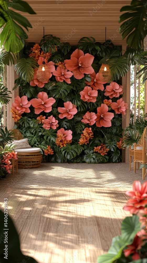 Lush greenery and floral wall create a tropical indoor sanctuary with wooden floors Lush greenery and floral wall create a tropical indoor sanctuary with wooden floors