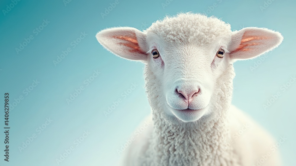 Fototapeta premium Adorable white lamb closeup gentle farm animal soft fluffy pure image