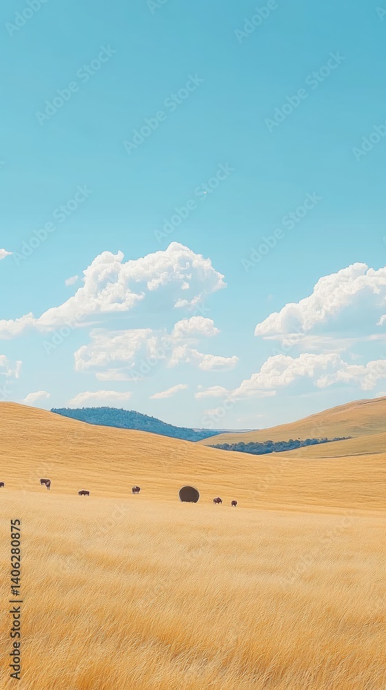 Obraz premium Golden field under a blue sky with puffy clouds rolling over distant hills in a tranquil, rural scene