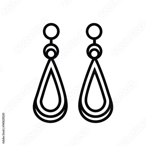 Teardrop Earrings Pair Outline, Minimalist Black Jewelry on Transparent Background