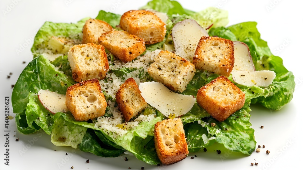 A fresh and delicious Caesar salad is presented on a white plate with croutons and parmesan cheese. A fresh and delicious Caesar salad is presented on a white plate with croutons and parmesan cheese.
