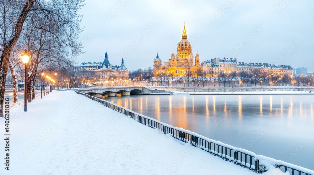 Obraz premium Serene winter cityscape snow covered pathway and calm river reflection