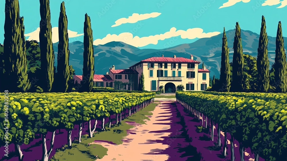 Obraz premium Vineyard Leading to Traditional Italian Villa with Cypress Trees and Mountains in Pop Art Comic Book Style