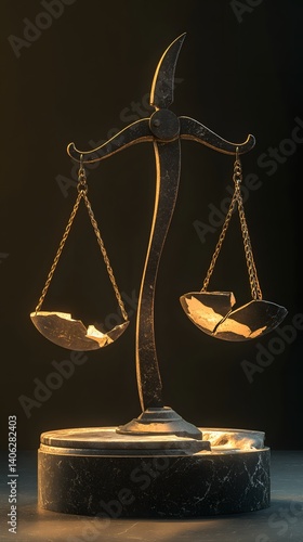 Broken scales of justice on dark pedestal