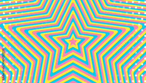同心状の星とドットのパターン背景、ポップなデザイン、装飾的な放射型図形