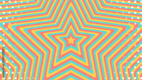 同心状の星とドットのパターン背景、ポップなデザイン、装飾的な放射型図形