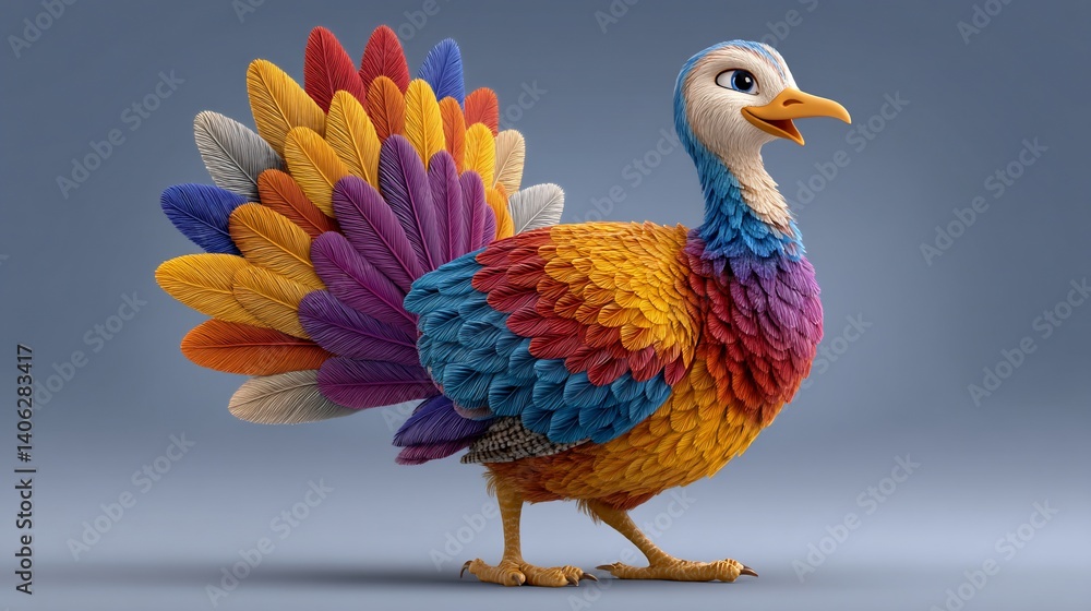 Obraz premium Colorful, cartoon turkey, vibrant plumage, happy expression