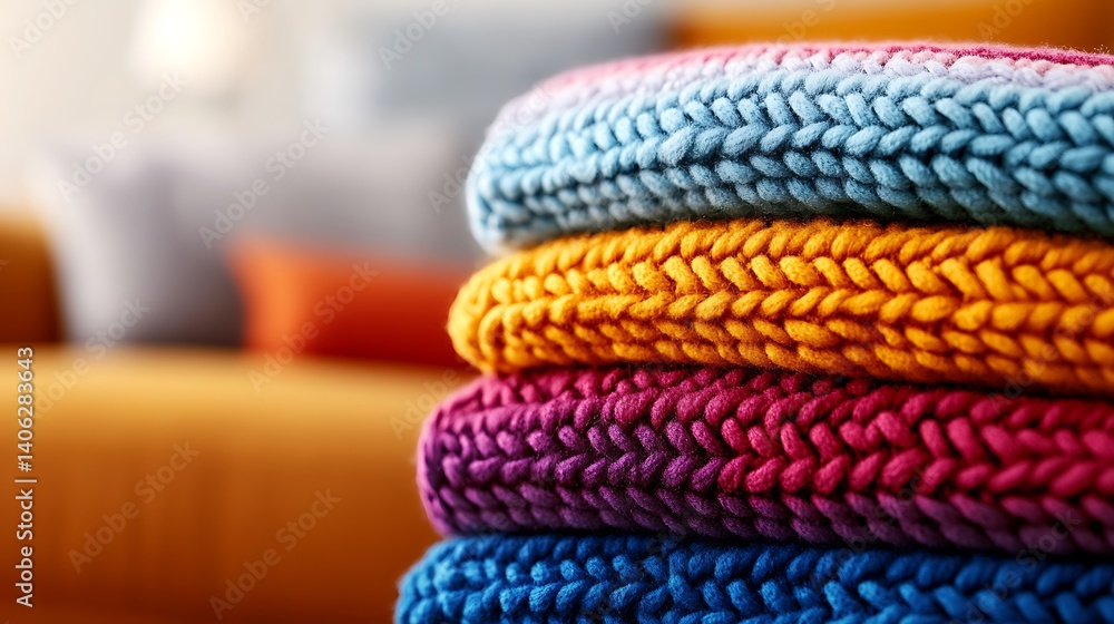 Cozy Knitted Blankets Stack with Autumn Home Decor. Cozy Knitted Blankets Stack with Autumn Home Decor.