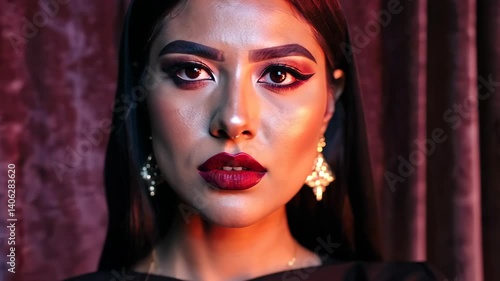 Portrait of a beautiful woman with striking makeup, red lipstick, earrings and dark hair looking at camera in front of dark background