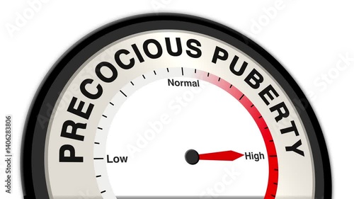 Precocious Puberty text or word shown with a barometer or tachometer-style gauge, representing varying levels of early sexual development and hormone regulation