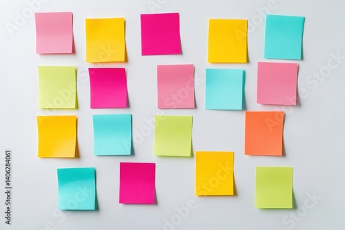 Colorful sticky notes and paper tabs organized on a white desk surface with a neat top-down arrangement promoting productivity