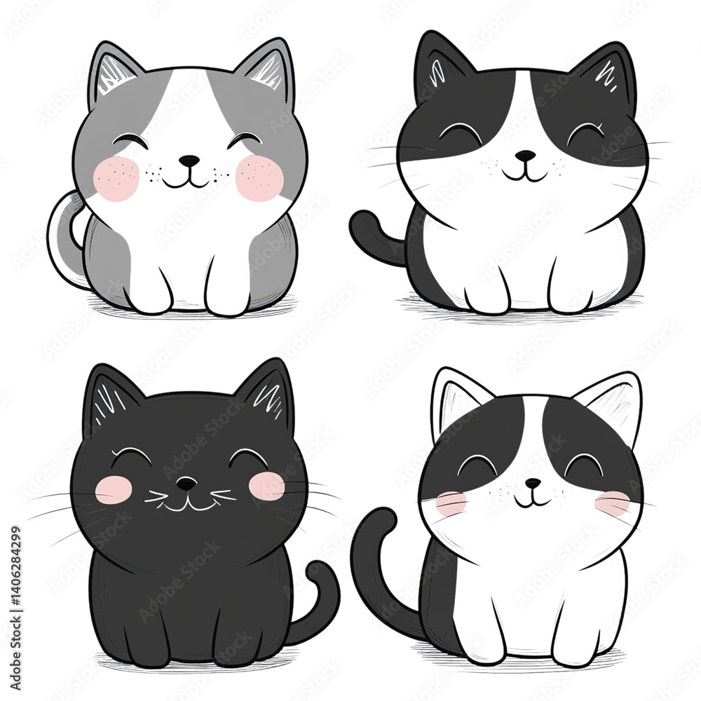 Fototapeta premium Cute Cartoon Cats with Grey Black.