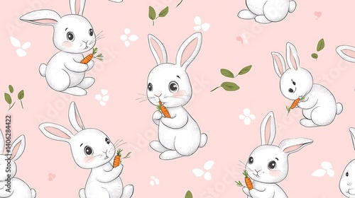 A seamless pattern of adorable cartoon bunnies holding tiny carrots on a pastel pink background.
