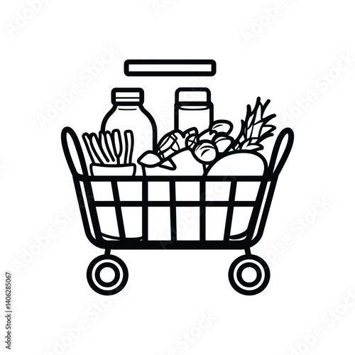 Grocery Shopping Cart with Food Products in Black Outline on Transparent Background