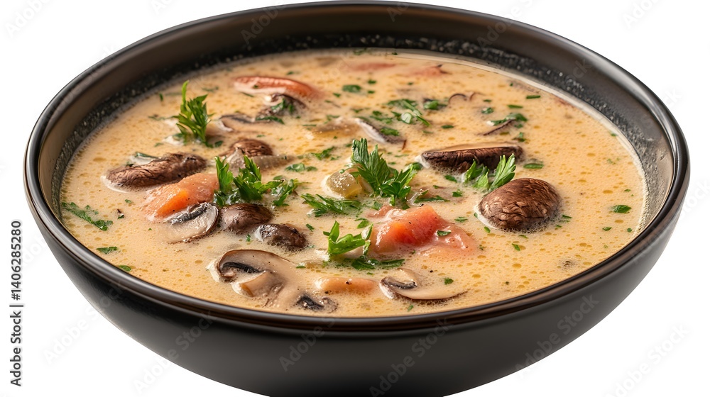 Creamy mushroom soup in a dark bowl garnished with fresh parsley and sliced tomatoes ready to be served as a delicious meal. Creamy mushroom soup in a dark bowl garnished with fresh parsley and sliced tomatoes ready to be served as a delicious meal.