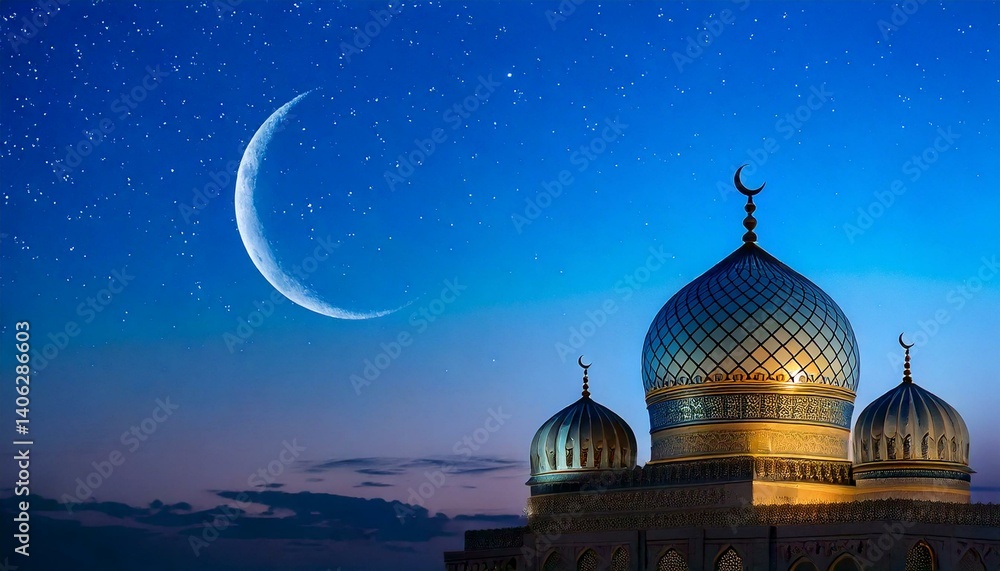 Obraz premium mosque, islam, crescent, moon, dome, twilight, sky, night, religion, architecture, silhouette, prayer, spiritual, peaceful, minaret, skyline, faith, sacred, muslim, evening, blue, dark, serene, sunset