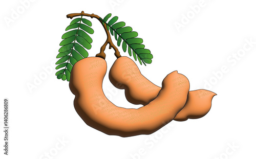 Tamarind | Two tamarind pods are depicted against a plain black background.  The pods are a light,  sandy-peach color with visible small, textured bumps. 