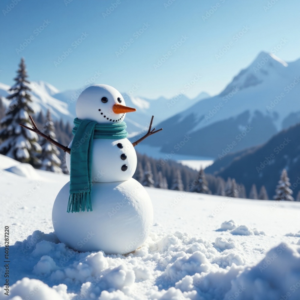 Obraz premium snowman in snowy landscape with mountain backdrop, serene view, landscape, nature